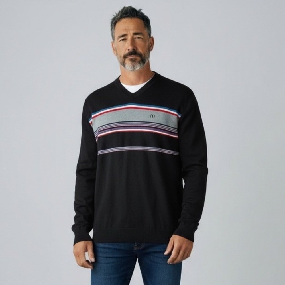 Travis Mathew Striped V Neck Lightweight‎ Rayon Pullover Sweater Size XL